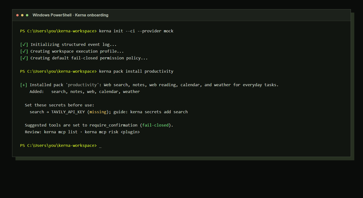 Kerna terminal output showing workspace initialization and installation of the productivity pack.